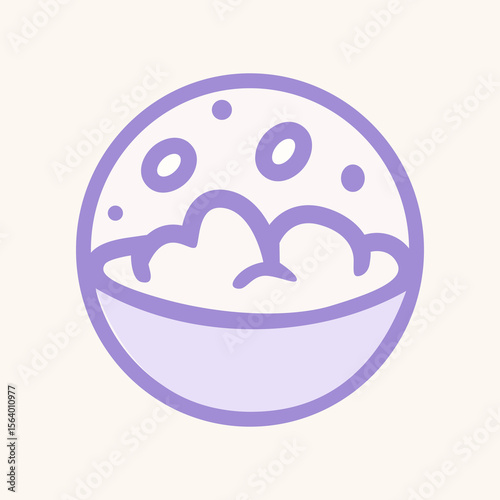 Flat vector icon of foamy soap bowl in purple outline style, suitable for cleanliness, hygiene, bath time, spa graphics, and self-care themed illustrations