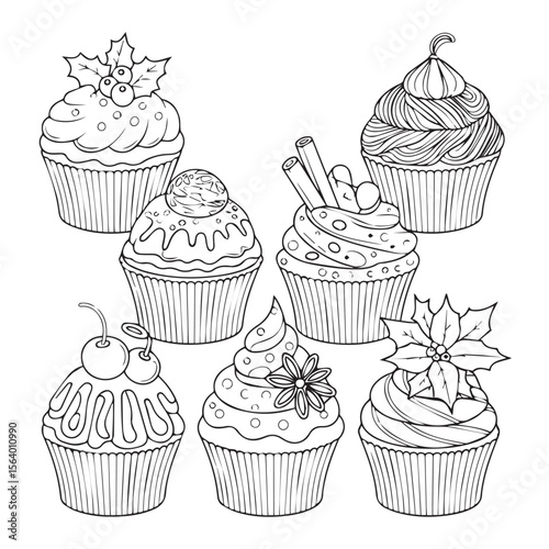 A collection of cupcakes with various toppings and designs is isolated on white background, perfect for holiday celebrations