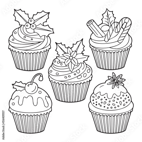 A festive collection of cupcakes decorated for the holidays is isolated on white background, perfect for a sweet treat