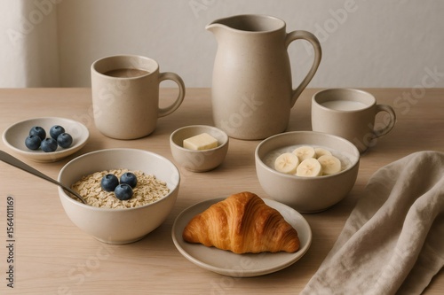 Wallpaper Mural Healthy and delicious Nordic breakfast setting featuring a croissant, yogurt with banana slices, oatmeal with blueberries, coffee, milk, butter, and a linen napkin on a wooden table Torontodigital.ca