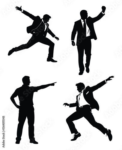 Collection of dynamic male silhouettes in business and casual wear, showing energetic poses like jumping, celebrating, and pointing.