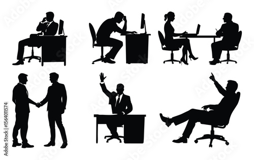 Set of business silhouettes showing various office scenarios, including meetings, stress, success, and a professional handshake.