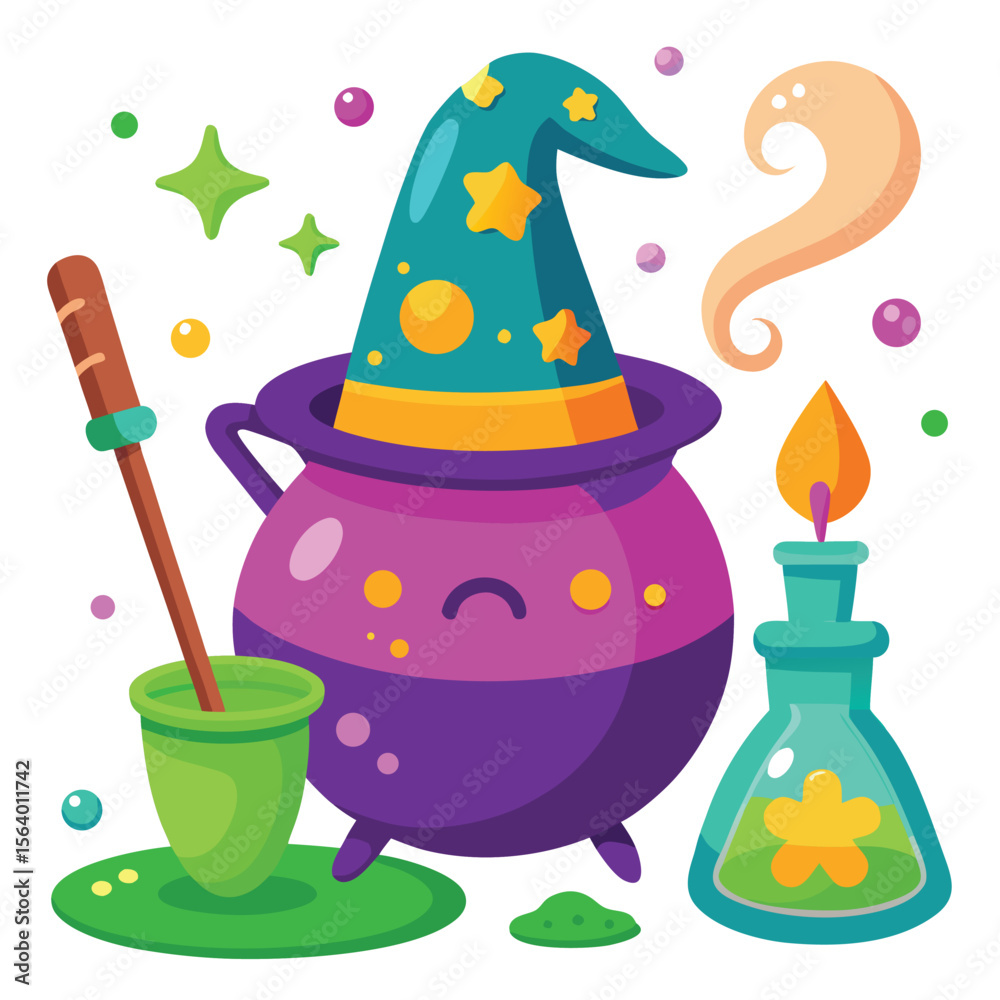 Naklejka premium Halloween Witch Accessories Set - Cauldron, Potion, Torch