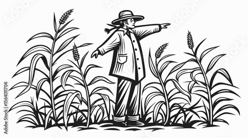 Vintage Scarecrow Illustration in Cornfield - Rustic Farm Engraving Art