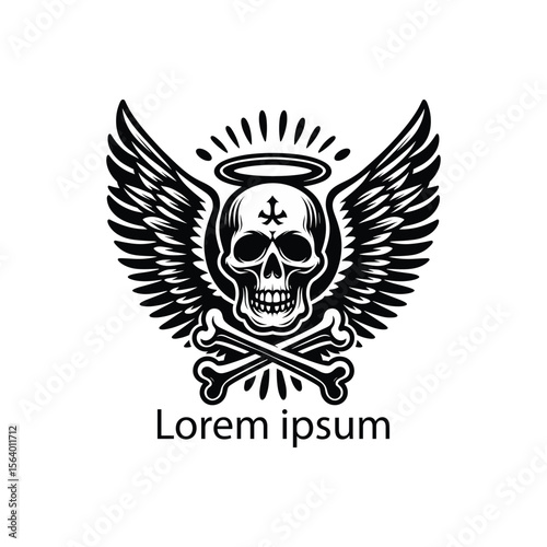 Emblematic black and white skull with angelic wings and cross symbol