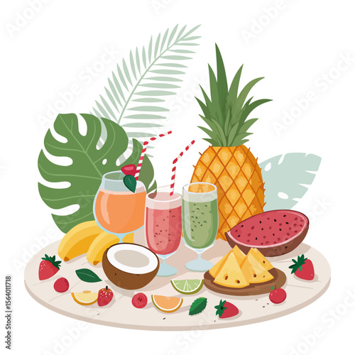 Tropical Fruits and Summer Drinks Flat Vector Illustration
