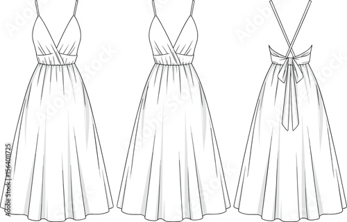 Spaghetti Strap Dress Flat Sketch – Women’s V-Neck Back-Tie Midi Dress Fashion CAD with Gathered Waist and Flared Hem