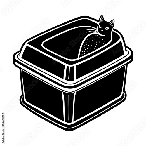 A stylized black and white illustration of a black cat peeking out of a covered litter box filled with speckled litter isolated on a white background