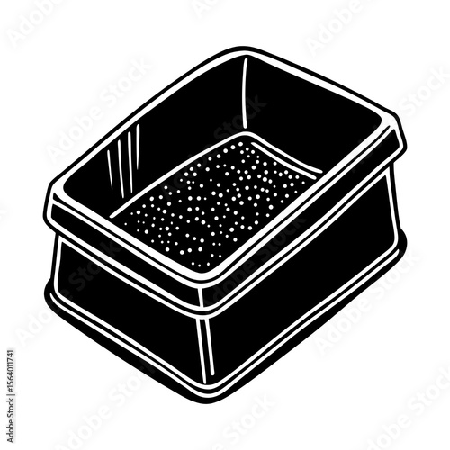 A simple black and white illustration of a cat litter box filled with granular litter presented from an isometric perspective