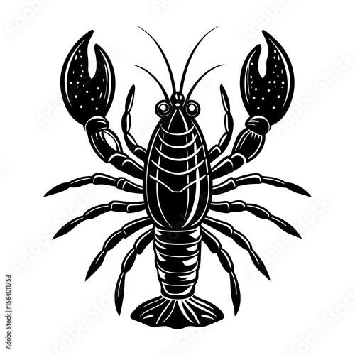 A striking black and white illustration of a lobster with its claws raised showcasing its segmented body antennae and legs against a clean white background