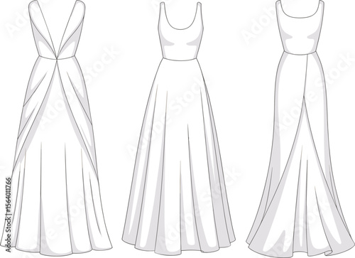 Elegant Evening Gown Flat Sketch – Fashion CAD of Women’s Long Flowy Dresses with Deep V-Neck, Scoop Neck, and Draped Back