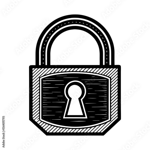 Vintage padlock illustration with keyhole design, Black and white drawing of a classic padlock featuring a large keyhole and textured details, symbolizing security, privacy, and protection.
