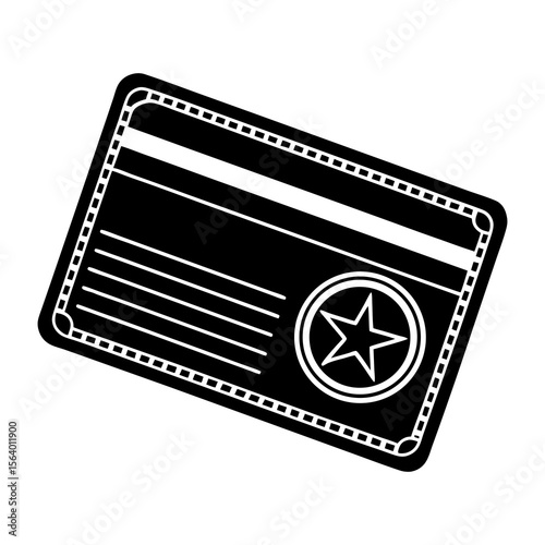 Black and white graphic illustration of a credit card with a star emblem and magnetic stripe symbolizing financial transactions and rewards