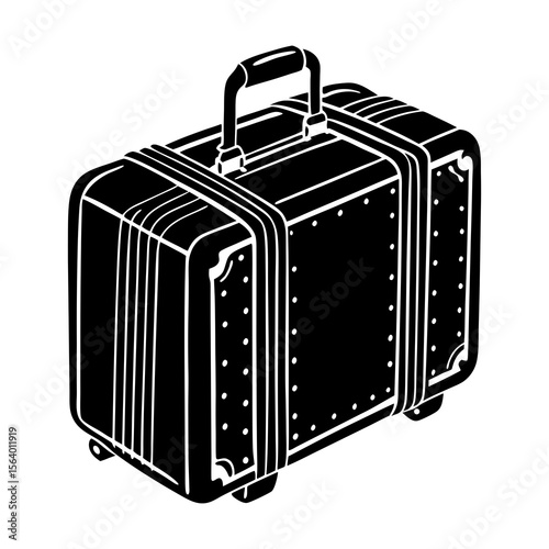 A vintage black and white illustration of a classic travel suitcase with a handle and straps perfect for conveying journeys and nostalgia