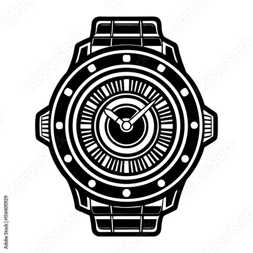 Bold black and white graphic illustration of a modern wristwatch with a detailed dial and a sturdy band isolated on a white background