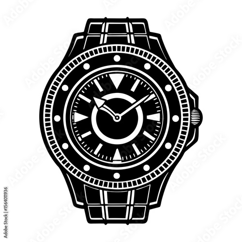 Stylish black and white illustration of a classic wristwatch with a detailed dial and metal bracelet perfect for design projects