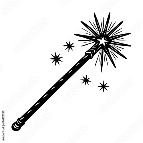 A magical black and white illustration of a star tipped wand emitting sparkling stars symbolizing enchantment and fantasy