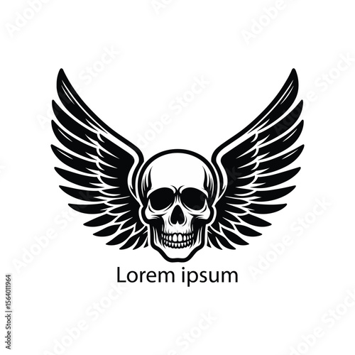 Stylized black and white illustration of a skull with spread wings on a white background