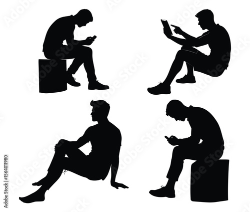 Collection of male silhouettes in various sitting poses, some using smartphones and tablets, isolated on a white background.