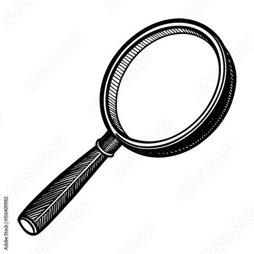 Vintage magnifying glass illustration with detailed handle and lens on a white background