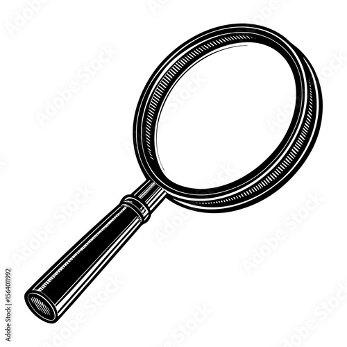 Vintage black and white illustration of a classic magnifying glass with a textured handle and rim isolated on a clean white background symbolizing discovery and investigation