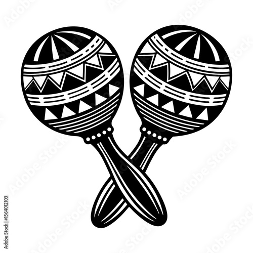Stylized black and white graphic of two crossed maracas featuring geometric patterns and tribal designs