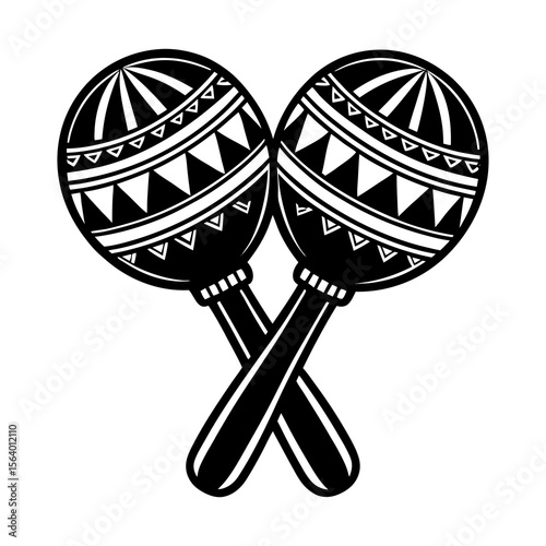Two black and white graphic maracas crossed over each other featuring a tribal pattern with triangles and stripes on the heads isolated on a white background