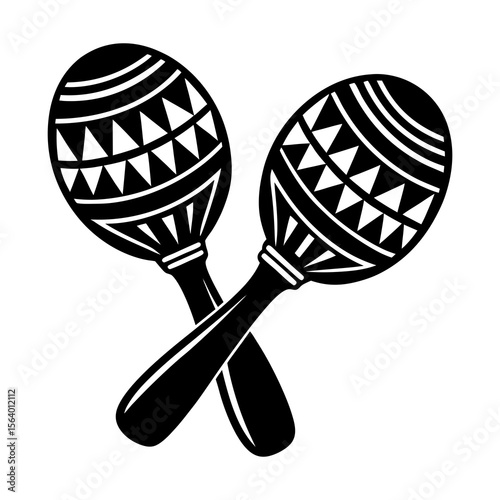 A striking black and white graphic illustration of two crossed maracas featuring a decorative tribal pattern on the egg shaped heads and smooth handles isolated on a white background