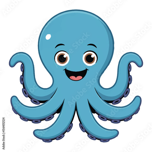 A cheerful blue cartoon octopus with big eyes and a happy smile isolated on white background