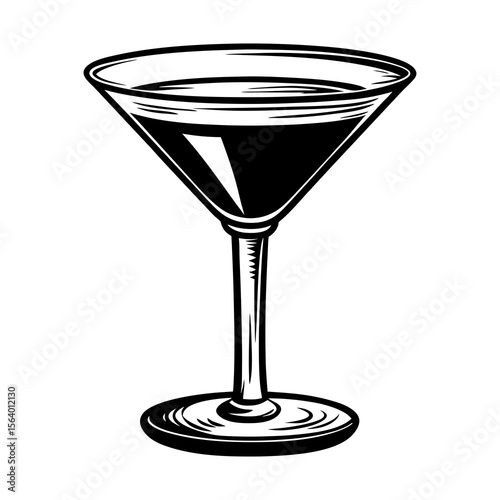 A classic black and white illustration of a martini glass filled with a dark liquid perfect for representing cocktails and celebrations