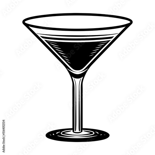 A stylized black and white illustration of a classic martini glass filled with a dark liquid isolated on a white background perfect for cocktail or bar themes