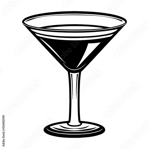 Classic black and white illustration of a martini glass filled with dark liquid isolated on a white background perfect for bar menus and cocktail promotions