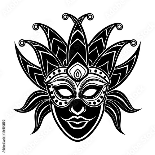 Stylized black and white graphic of a venetian carnival mask with elaborate feather like adornments and decorative markings isolated on a white background