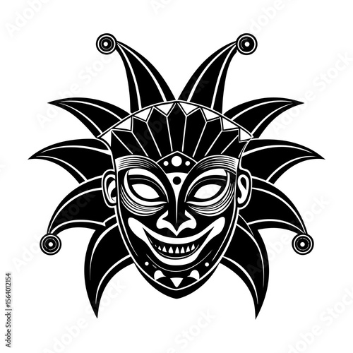 A striking black and white graphic illustration of a stylized jester mask with a wide grin and elaborate headwear evoking mystery and performance