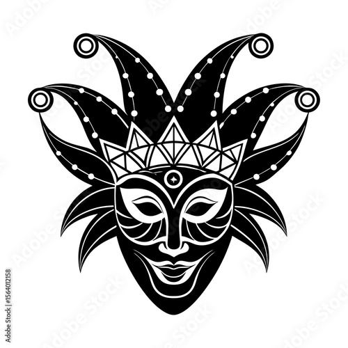 Stylized black and white jester mask with a crown and playful expression perfect for carnival or masquerade themes