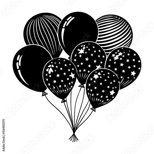 A festive bunch of black balloons with white star patterns and striped designs tied together with strings isolated on a white background perfect for celebrations and parties