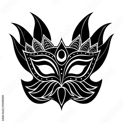 Decorative carnival mask illustration with ornate details, Black and white drawing of an elegant masquerade mask featuring intricate patterns, feathers, and bold shapes, symbolizing festivals and cele