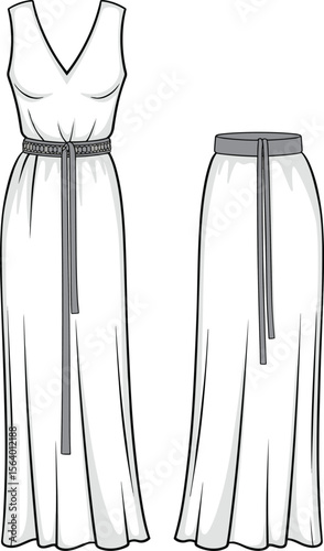 Flat Sketch of Sleeveless V-Neck Maxi Dress with Waist Tie – Fashion CAD Template for Women’s Long Dress Design, Summer Wear, and Evening Apparel