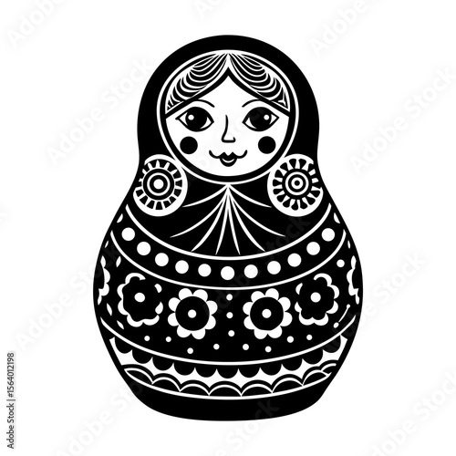 A traditional black and white graphic illustration of a matryoshka doll also known as a russian nesting doll featuring intricate floral and circular patterns