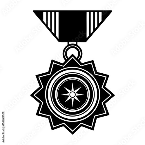 A black and white stylized illustration of a starburst medal with a compass rose design and a striped ribbon symbolizing achievement and recognition