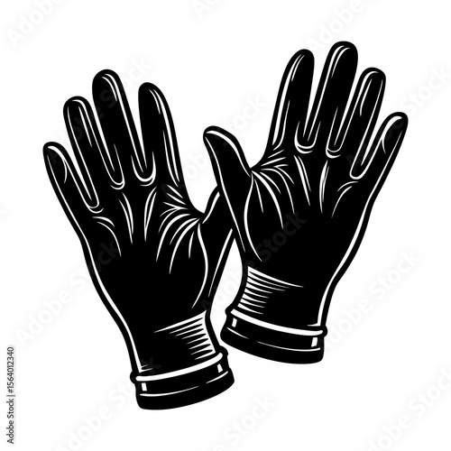 Black protective gloves with a stylized design isolated on a white background representing safety and hygiene in a graphic illustration