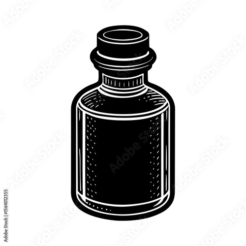 Vintage style black and white illustration of a small glass bottle with a cap perfect for potions or tinctures
