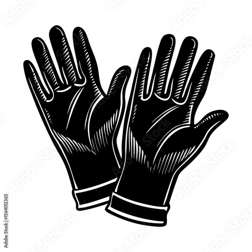 Black protective gloves with a classic woodcut engraving style illustration isolated on a white background symbolizing safety and protection