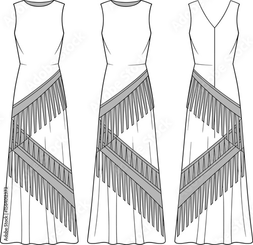 Fringe Panel Maxi Dress Flat Sketch, Sleeveless Zigzag Design Fashion CAD Template for Women’s Eveningwear, Apparel Designers and Couture Clothing Brands