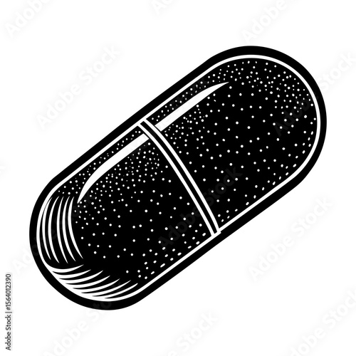 Capsule pill illustration in vintage black and white style, Black and white drawing of a medicine capsule with detailed shading and texture, symbolizing healthcare, pharmaceuticals, and treatment.
