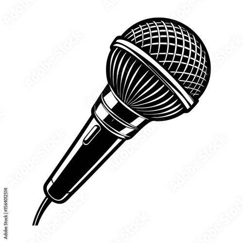 A classic dynamic microphone with a black and white illustration style perfect for representing music performance and audio recording