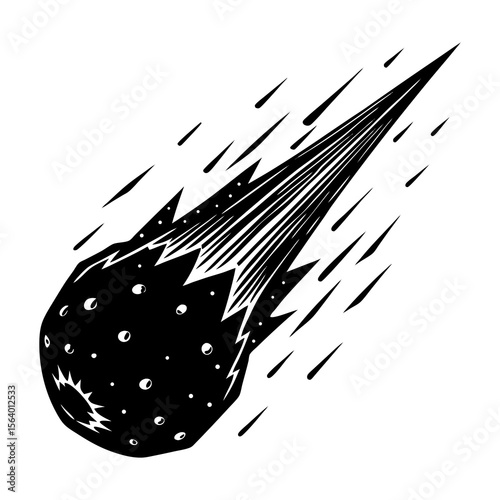 A stylized black and white illustration of a jagged cratered asteroid or comet with a fiery tail streaking through space against a white background