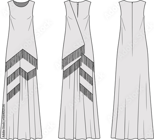 Women’s Fringe Panel Evening Gown Flat Sketch, Sleeveless Maxi Dress Fashion CAD Template for Designers and Elegant Apparel Brands, Zigzag Hem Detail