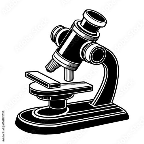 A detailed black and white illustration of a classic microscope with a slide on the stage perfect for science and education themes