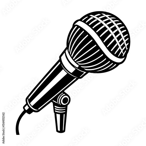 A classic black and white illustration of a vintage microphone on a stand perfect for music events and recording studios